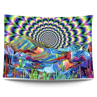 Ulticool – Berge Kaktus Sonne - Glow in the Dark Wandteppich - Schwarzlicht under UV Reaktive Bright Black Neon Light - Blacklight Psychedelisch im Dunkeln Leuchtende Wandtuch - 200 x 150 cm