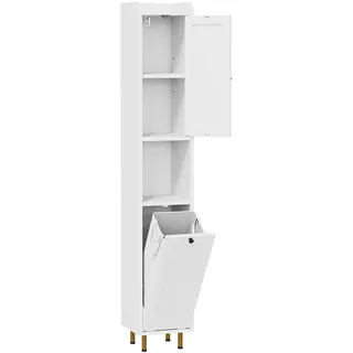 Badezimmerschrank mit Wäschekorb - 181 cm schmaler Hochschrank - Feuchtigkeitsbeständige Platte - Herausnehmbarer Wäschesack - Kippsicherung - Moderner Stil - Weiß