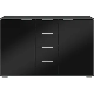 Schlafzimmer Sideboard in graphit mit schwarzem Glas ELSTRA-43, B/H/T ca. 130/83/41 cm - Schwarz