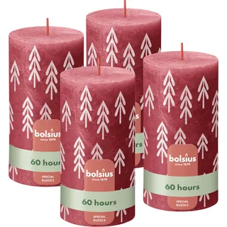 Bolsius Rustikale Stumpenkerzen Silhouette - Rot mit Aufdruck - 4 Stück - 13 x 7 cm - Lange Brenndauer - Haushaltskerze - Enthält Natürliches Pflanzenwachs - Ohne Palmö