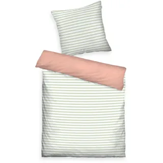 Herding TOM TAILOR Perkal-Bettwäsche, 80x80 + 155x220 cm, 100% Baumwolle/Perkal, mit Wendemotiv, farbiger Paspel am Kissen und Reißverschluss, STRIPES WITH A KICK Hellgrün, Pfirsich (Green Leaf & Juicy Peach)