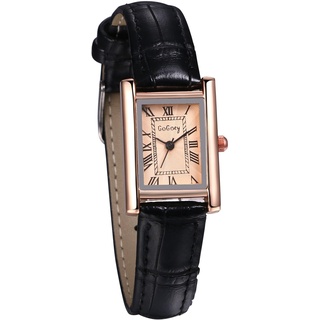 JewelryWe Uhren Damen Leder Rechteckig: Vintage Analog Quarz Armbanduhr Frauen Schwarz Leder Armband Uhr Kleine Damenuhr mit Rosegold Rechteck Römischen Zahlen Zifferblatt