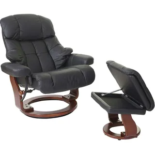 Robas Lund MCA Relaxsessel Calgary XXL TV-Sessel Hocker, Echtleder 180kg belastbar ~ schwarz, Walnuss-Optik