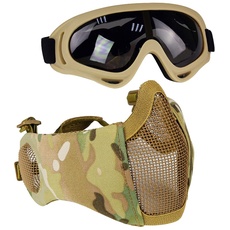 Aoutacc Airsoft Schutzausrüstung, Set mit Halbgesichtsmasken mit Ohrenschutz und Brille für CS/Jagd/Paintball/Shooting, CP