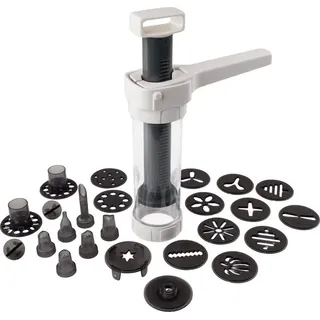 Dr. Oetker Gebäckpresse inkl. 12 Formscheiben und 6 Tüllen, Presse für Plätzchen, hochwertige Spritze für Dekorationen, Plätzchenpresse mit großem Füllvolumen (Farbe: Weiß/Grau)