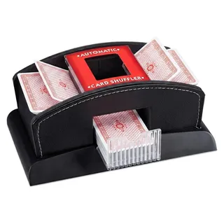 Relaxdays Kartenmischer Elektrisch, Leder, 2 Decks, Mischgerät zum Mischen von Karten, Kartenmischmaschine, schwarz