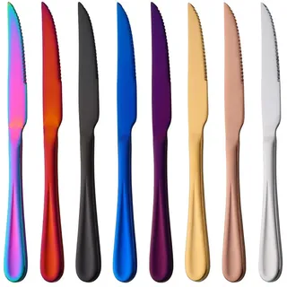 SBOMHS Tafelmesser Bunt mit Wellenschliff Menümesser Besteck Messer Edelstahl 8 Farbige Steakmesser Set Länge 22,8 CM(9 Inch)
