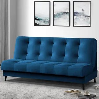 Schlafsofa Nancy Sofa mit Schlaffunktion Bettkasten Polstersofa aus Velour 195 cm Dreisitzer mit Holzbeine, Stoff: monolith 77 - marineblau - Blau
