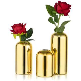 NUPTIO Glas Vase Klein Gold: Set von 3 Blumenvase Glasvase Goldene Hochzeit Tischdeko Lose Vasen für Geburtstag Party Dekorationen