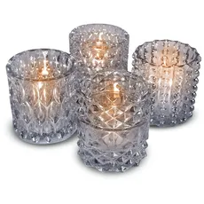 Teelicht-Gläser Set aus Glas inkl. Teelichter - Edle Teelicht Kerzen-Halter mit Verzierungen - Windlichter Kerzenglas - Geschenk Dekoration für Hochzeit, Geburtstag, Weihnachten (Blau Boho 4er Set)