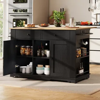 MODFU Kommode Sideboard,Buffetschrank,Küchenschrank, 151.5 x 59.7 x 91.7 cm,Kücheninsel, Küchenwagen mit Steckdosenleiste ausgestattet, Servierwagen mit Arbeitsplatte,Schwarz - Schwarz