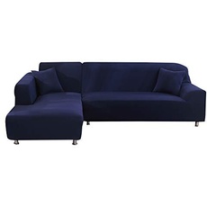 Bild Sofa Überwürfe elastische Stretch Sofa Bezug 2er Set 3 Sitzer für L Form Sofa inkl. 2 Stücke Kissenbezug (Dunkelblau)