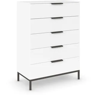 Rauch Möbel Flipp, Kommode für Schlafzimmer, Kinderzimmer, Wohnzimmer, Jugendzimmer, Flur, Garderobe, 5 Schubladen, mit Softclose Funktion, Griffe und Metallkufe Graphit, Farbe Weiß, Breite 80 cm