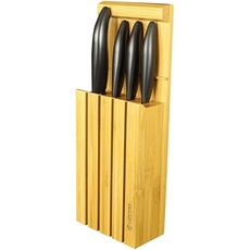 Kyocera 3in1 Bambus Messerblock | mit 4 Keramik Messer Schwarz | Santokumesser, Universalmesser, Gemüsemesser, Schälmesser | Hinstellen, Aufhängen oder Hinlegen in der Schublade | 34x12,3x6,6 cm