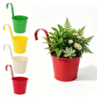4er-Set Hängekorb Blumentopf 16 cm, Höhe 26 cm mit abnehmbarem Griff – Verzinktes Eisen, Ablaufloch, robust & langlebig – Blumenampel hängend für Balkon, Geländer, Fenster – Modell-02 (Bunt)