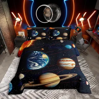 Homewish Sonnensystem Planeten Jungen Bettwäsche Weltraum-Science-Fiction-Stil Kinder Bettbezug 135x200 3D Digitaldruck Erde Jupiter Saturn Bettwäsche Set Romantische Sternenhimmel Astronomie Bettset