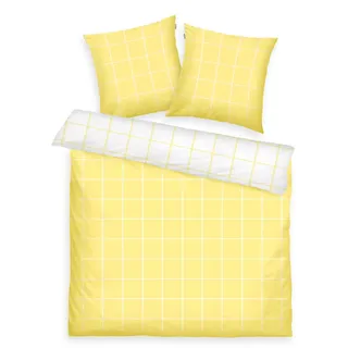 Herding TOM TAILOR Renforcé-Bettwäsche, 2*80x80 cm + 200x220 cm, 100% Baumwolle/ Renforcé, mit Wendemotiv und farbigem Markenreißverschluss, LARGE CHECK Gelb, Weiß (Light Lemon & Crisp White)
