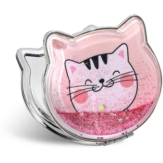 Fixleren Katze Taschenspiegel, Handspiegel Klappbar Mini Schminkspiegel ,Klein, Doppelseitig,Kompaktspiegel für Make-up Camping Reisen 7 * 7.5cm. (Rosa)