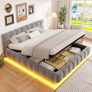 MODFU Doppelbett 160 x 200 Hydraulisches Polsterbett aus Samt mit Stauraum,Funktionsbett mit LED,Lattenrost und gepolstertem Kopfteil,ohne Matratze,Grau - Grau