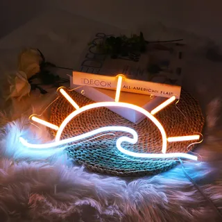 Neon Led Licht USB, Neon Schild, Nachtlicht, Neonlicht Led Wanddeko, Gaming Deko Zimmer Party Hotel Cafe Bar Geschenk(Sonne und Wellen) - Gelb, Blau