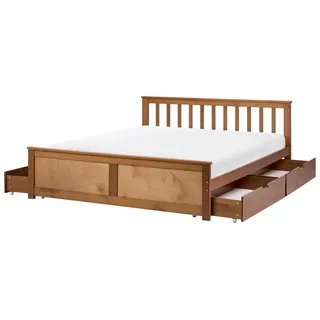 BELIANI Doppelbett Braun Kiefernholz mit Lattenrost 140x200 cm 4 Schubladen Fußteil Hohes Kopfteil Schlicht Modern Skandi Design Schlafzimmer Holzbett - Braun