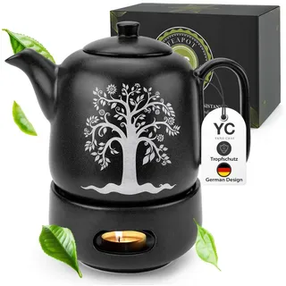 YC YANG CHAI Teekanne mit Stövchen Set - Keramik Schwarz Matt 1.3L - Teekanne mit Siebeinsatz - Tropffrei & Hitzebeständig - Handgefertigte Keramik Tee Kanne - langanhaltende Wärme - YC TREE