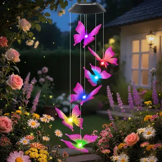 Schmetterling Solar Windspiel Garten, Geburtstagsgeschenke Muttertagsgeschenke für Frauen Oma Mama, Wasserfest, Bunt Solar Windspiele Aussen Dekorationen für Balkon, Terrasse, Fenster, Korridor