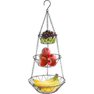 com-four® Obstkorb zum Aufhängen - Obst Hängekorb - individuell verstellbare Hänge Etagere für die Küche - Obstkorb hängend aus Metall in schwarz - Hänge Regal mit Ø 28 cm (schwarz - rund)