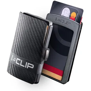 I-CLIP Original Herren Geldbörse - Slim Wallet mit Geldklammer - Mini-Portemonnaie mit Platz für bis zu 12 Karten - Ultraleicht mit nur 22g - Echtleder in Carbon-Optik - Schwarzer Rahmen