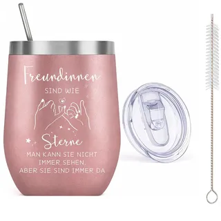 PIujsym Beste Freundin Geschenke, Weinbecher mit Spruch, Edelstahl Thermobecher mit Deckel Strohhalm, Lustige Tasse Beste Freundinnen Geburtstag, Freundschaft Geschenke für Freundin, 350ml, Roségold ﻿