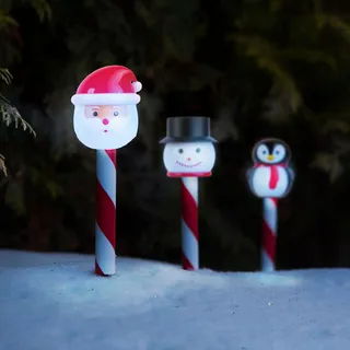 Solar-Weihnachtsbeleuchtung mit LED-Leuchten - Weihnachtsmann, Schneemann oder Pinguin - kaltweißes Licht - blinkend oder kontinuierlich - funktioniert mit Solarenergie - mit Erdspieß - automatisch in der Dämmerung - für Garten und Einfahrt - 36,5 X 6 X 6 cm - 3 Figuren zufällig 1 Stück [59760].