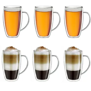 Creano doppelwandiges Thermoglas mit Henkel 400ml, großes Doppelwandglas aus Borosilikatglas, Kaffee-/Teeglas, 6x 400ml