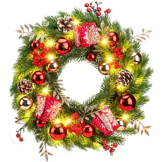 GlobaLink Weihnachtskranz 40CM, Türkranz Weihnachten mit 40 LEDs Timer Batteriebetriebe mit rotfarbener Weihnachtskugeln und Pineaus Weihnachtsdeko für Feste Advent Türe