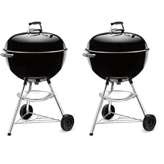 Weber Bar-B-Kettle Holzkohlegrill, Ø 57cm Grillfläche, BBQ Grill mit porzellanemaillierten Deckel & Kessel, Dreibein-Ständer & Räder, verchromter Grillrost, 1331004, schwarz (Packung mit 2)