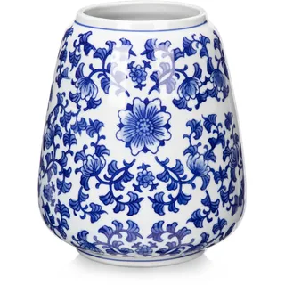 Hollyone Blau und Weiß Porzellan Vase, 18cm Blaue Keramikvase für Heimdekoration, Moderne Keramik Vasen für Blumen, Kleine Blumenvase für Tischdeko, Wohnzimmer, Badezimmer, Küche