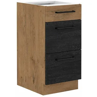 Küchenschrank mit Schubladen VANYA - Breite 40 cm, dunkles Holz / Lancelot-Eiche - Braun