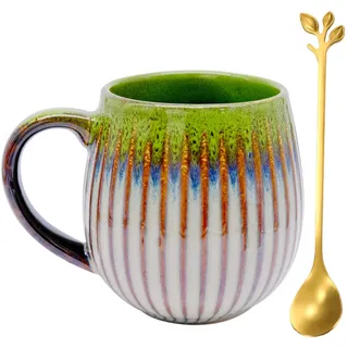 inheming Kaffeetasse aus Keramik, 500ml Kaffeetasse Groß, Handgefertigte Kaffeetassen aus Porzellan, Vintage Tee Tasse Latte Tassen becher Teegläser mit Blattgold-Löffel (Grün)