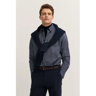 Langarmhemd BUGATTI "Satin Finish", Herren, Gr. XXL, Normalgrößen, 390, marine, 100% Baumwolle, Rautenmuster, normal, eckige 2-Knopf-Manschette, Hemden Langarmhemd, mit Rauten-Muster und Easy-Care Funktion