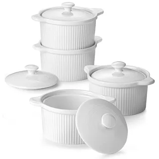 DOWAN Creme Brulee Schälchen mit Deckel, 4 X 210ml Porzellan Soufflé Förmchen, Multifunktionale Antihaftbeschichtete Souffleeförmchen, Backofen-, Microwellensicher, Spülmaschinenfest, Ø 10cm-Weiß