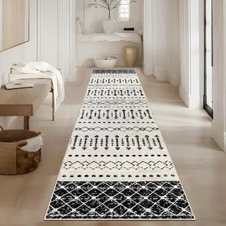 Homcomodar Teppich Läufer 65x240cm Teppichläufer Boho Küchenläufer Waschbar Lang rutschfest Teppichläufer für Flur Wohnzimmer Eingang(Schwarz/Weiß)