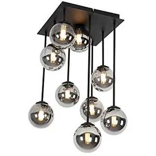 Qazqa - Landhaus I Vintage Moderne Deckenleuchte I Deckenlampe I Lampe I Leuchte schwarz 9-Licht mit Rauchglas - Athen I Schlafzimmer - Rund - LED geeignet G9