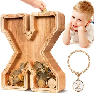 Summidate Spardose für Kinder Junge, Personalisiert Holz Großes Sparschwein, Unzerbrechliches Buchstabe A-Z Sparbüchse für Kinder Mädchen, Erwachsene, Geschenk&Dekoration