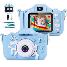 Kinder Kamera mit weicher Cartoon Silikonhülle,Kinder ab 4 5 6 7 8 Jahre mit 32GB SD-Karte 2,0 Zoll Bildschirm 1080P HD 20MP KinderKamera für Jungen und Mädchen als Spielzeug Geschenke(Blau)