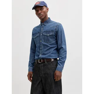 Jeanshemd JACK & JONES "JJEWESTERN JJSHIRT AT 187 NOOS", Herren, Gr. M, N-Gr, blau denim pack:mid blau, Denim/Jeans, Obermaterial: 100% Baumwolle, unifarben, slim fit normal, Hemden Jeanshemd, mit Brusttaschen