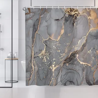 ASDCXZ Duschvorhang Grau Gold Marmor 180x180 cm, Modern Abstrakt Grau Gold Schwarz Marmor Optik Textur Waschbar Bad Duschvorhänge Polyester Textil Wasserdicht Duschvorhang für Badewanne mit 12 Hake