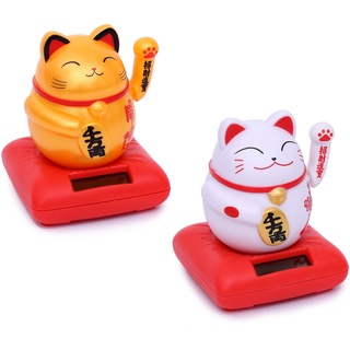 Winkekatze 2er Set Solar - Winkende Japanische Glückskatze - Wackelfigur Glücksbringer Büro Schreibtisch - lustige Scherzartikel - Abschiedsgeschenk Kollege - Wichtel-Geschenk (Gold & Weiß Solar)