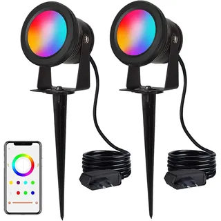 Richsing LED Strahler Außen, 2 Stücke 15W RGB Strahler, IP67 Wasserdicht LED Spot, Gartenleuchten mit Strom und Erdspieß, APP Steuerung Farbwechsel Gartenbeleuchtung, 90-245V LED Fluter