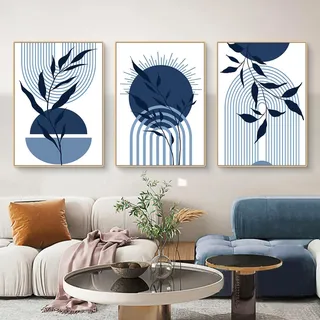 Martin Kench 3er Boho Bilder Set Moderne Poster Set Abstrakt Blau Pflanze Blätter Wandbilder Wohnzimmer Leinwandbilder Wandposter Wohnzimmer Schlafzimmer Decor (L,50x70cm)