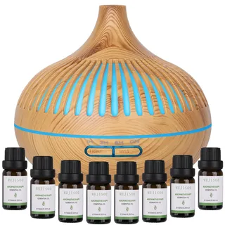 GeeRic Aroma Diffuser + 8 * 10 ml ätherische Öle, 550ML Luftbefeuchter Ultraschall Vernebler,Raumbefeuchter Aromatherapie Öle Duftlampe mit 7 Farben LED Helles