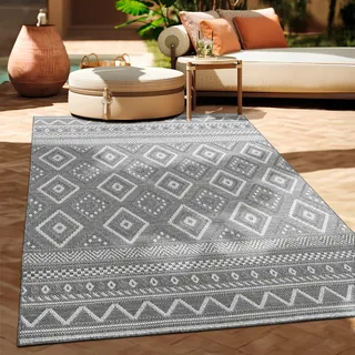 Outdoor Teppich Flachgewebe modern Boho Ethno wetterfest Außenbereich Grösse 80 cm Rund - Grau